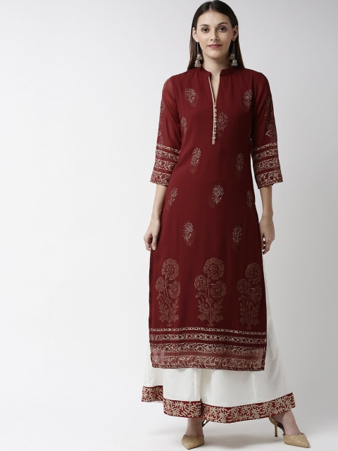 

Soch Women Maroon & Gold Floral Print Straight Kurta