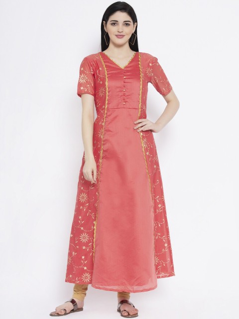 

studio rasa Women Coral Red & Beige Chanderi Foil Printed Kurta with Churidar