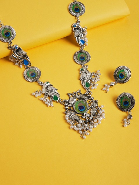 

GloBox By ZeroKaata Silver-Plated Green & White Beaded Peacock Tribal Jewellery Set