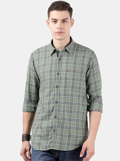 

DERBY JEANS COMMUNITY Men Green & Blue Slim Fit Checked Casual Shirt