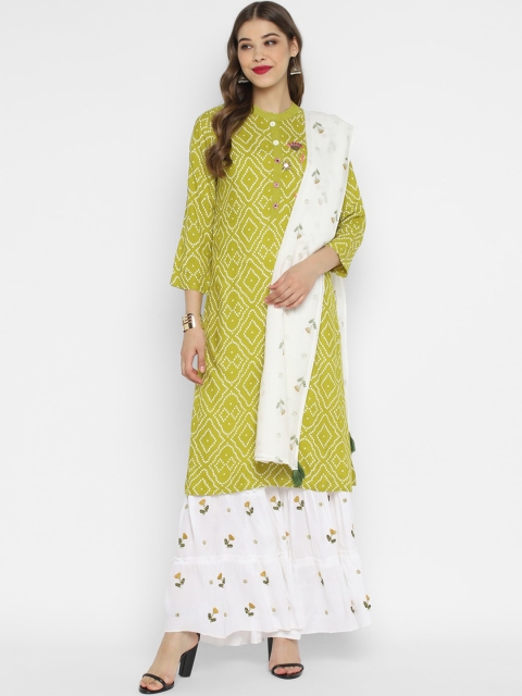

CHRISTEENA Women Green & White Bandhani Printed Kurta with Sharara & Dupatta