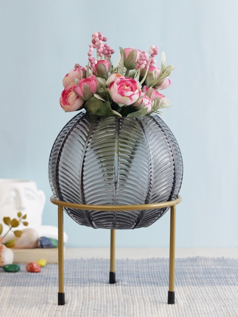 

TAYHAA Grey Textured Glass Flower Vase With Gold-Toned Stand