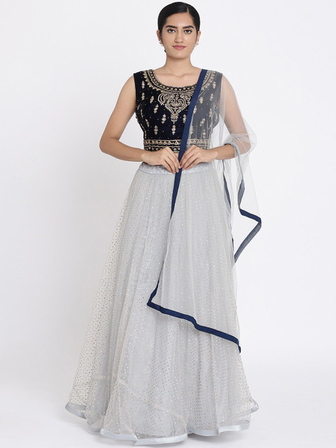 

Koskii Grey & Navy Blue Embellished Ready to Wear Lehenga & Blouse with Dupatta