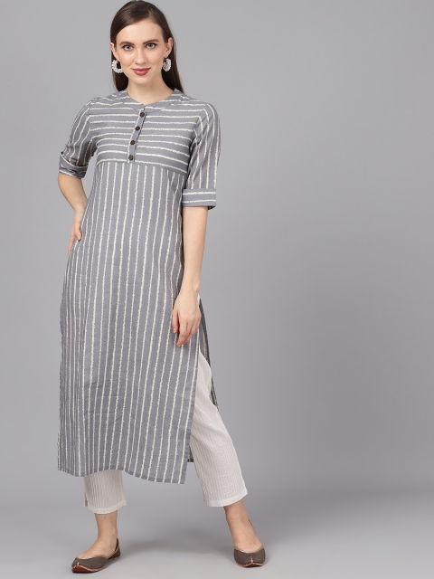 

AKS Women Grey & White Printed Straight Kurta