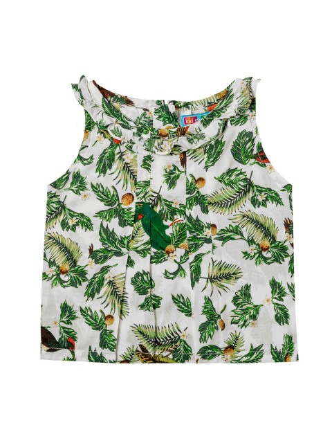 

Kid Studio Girls White & Green Tropical Printed Pure Cotton Top