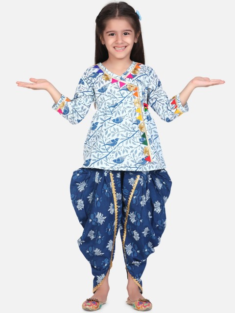 

BownBee Girls White & Blue Printed Kurti with Dhoti Pants