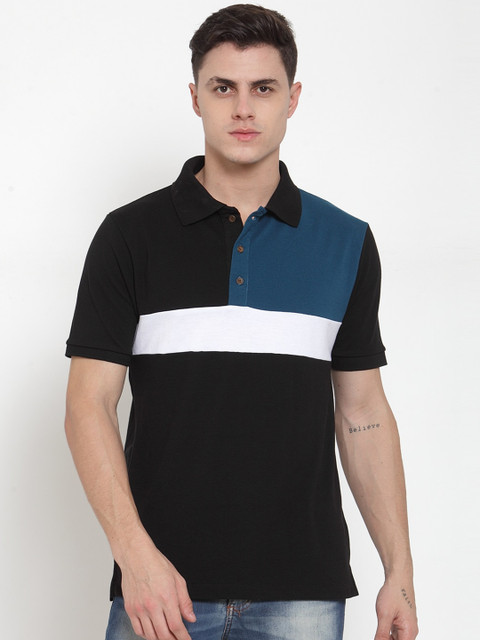 

Kalt Men Black & Teal Blue Colourblocked Polo Collar T-shirt