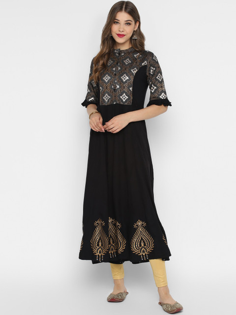 

CHRISTEENA Women Black & Gold-Toned Printed Anarkali Kurta