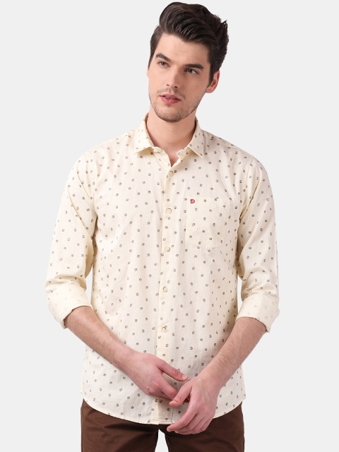 

DERBY JEANS COMMUNITY Men Beige Slim Fit Printed Casual Shirt