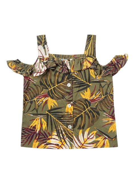 

Kid Studio Girls Olive Green Printed Pure Cotton Top