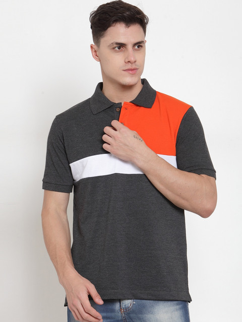 

Kalt Men Charcoal Grey & White Colourblocked Polo Collar T-shirt