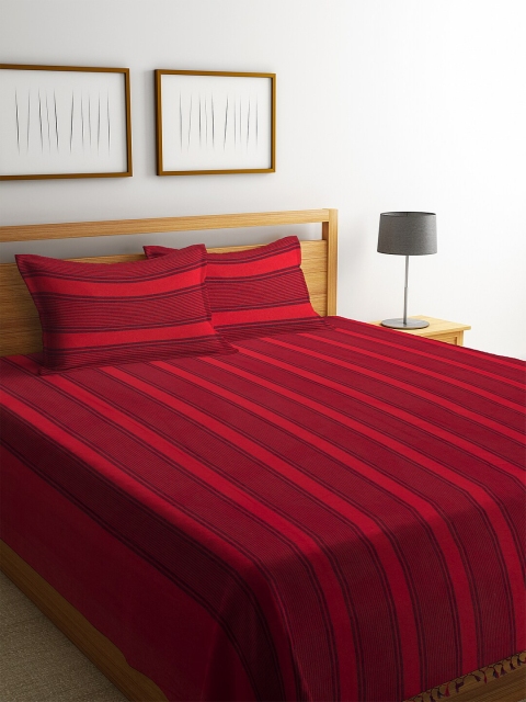 

NEUDIS By Dhrohar Red & Black Striped Hand Woven Double Bed Cover With 2 Pillow Covers