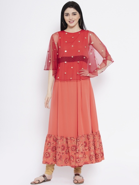 

studio rasa Women Coral Orange & Beige Printed Kurta with Churidar