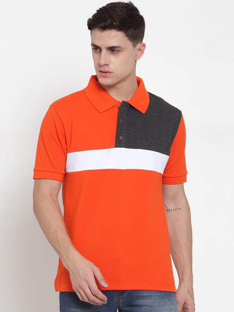 

Kalt Men Orange & Grey Colourblocked Polo Collar T-shirt