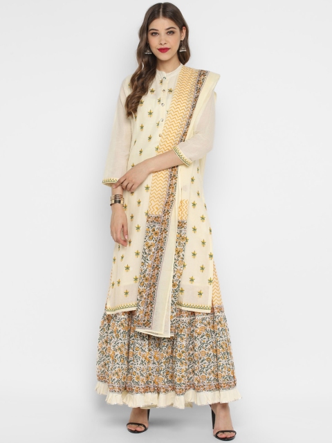 

CHRISTEENA Women Cream-Coloured & Yellow Embroidered Kurta with Skirt & Dupatta