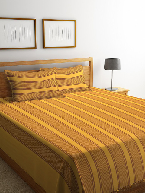 

NEUDIS By Dhrohar Yellow & Brown Striped Hand Woven Double Bed Cover With 2 Pillow Covers
