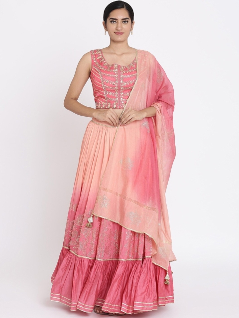 Koskii Pink & Peach-Coloured Embellished Ready to Wear Lehenga & Blouse with Dupatta
