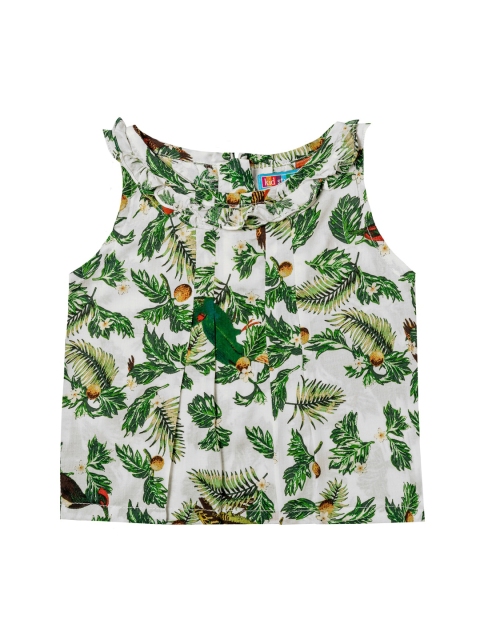 

Kid Studio Girls White & Green Floral Printed Pure Cotton Top