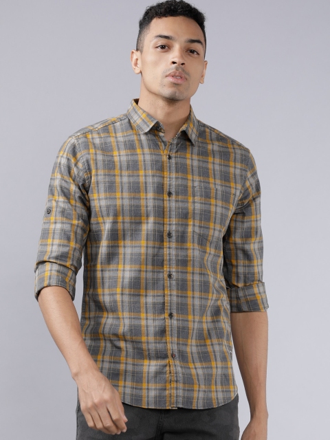 Ecko Unltd Men Grey & Yellow Slim Fit Checked Casual Shirt