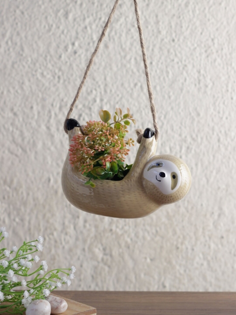

Aapno Rajasthan Brown Hanging Sloth Ceramic Planter, Beige
