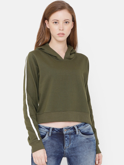 

ELEGANCE Women Olive Green Solid Hooded Crop Sweatshirt