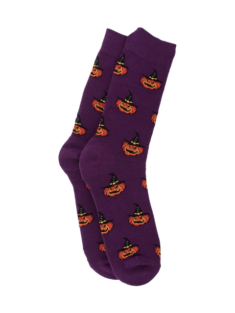 

The Tie Hub Men Purple & Orange Halloween Pumpkin Patterned Calf-Length Socks