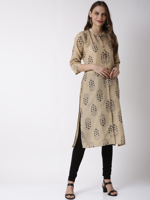 

Soch Women Beige & Grey Floral Print Straight Linen Kurta