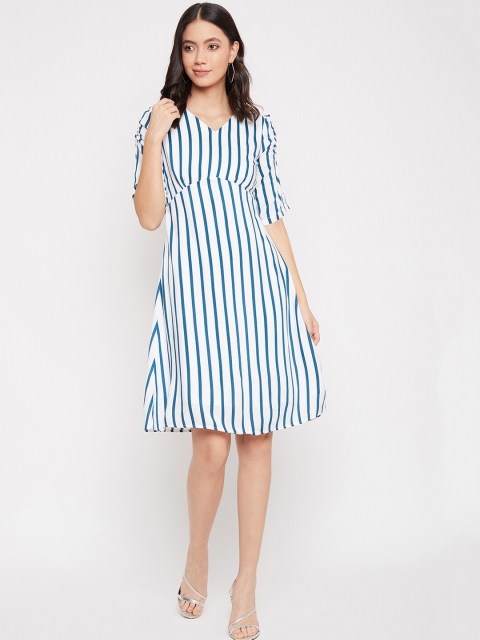 

Crimsoune Club Women White & Blue Striped Empire Dress