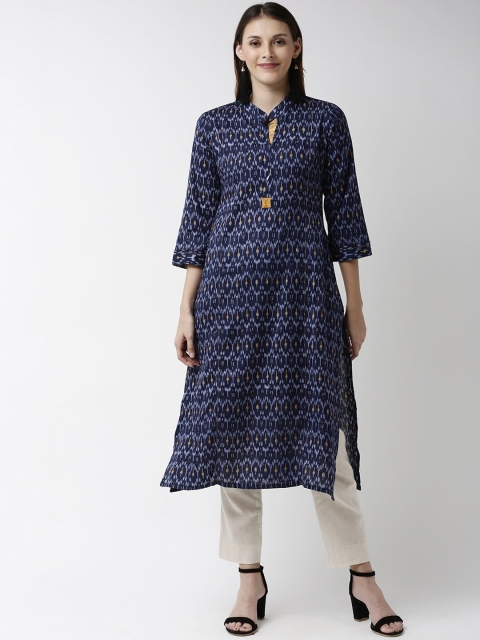 

Soch Women Navy Blue & Yellow Ikat Print A-Line Kurta