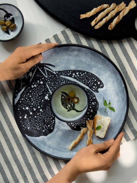 

ellementry Set Of 2 Grey & Black Printed Ceramic Plate With Bowl