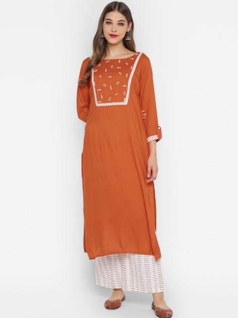 

CHRISTEENA Women Rust Orange & White Yoke Design Kurta with Palazzos