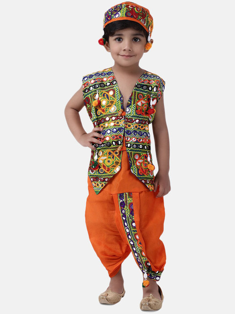 

BownBee Boys Orange & Navy Blue Embellished Kurta with Dhoti Pants & Cap
