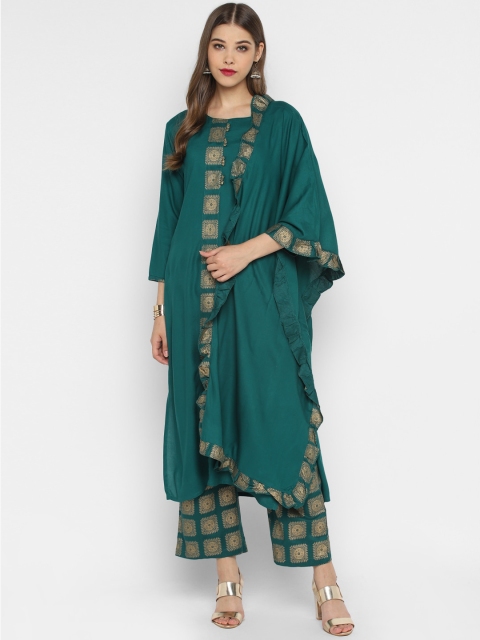 

CHRISTEENA Women Teal Green & Gold-Toned Printed Kurta with Trousers & Dupatta