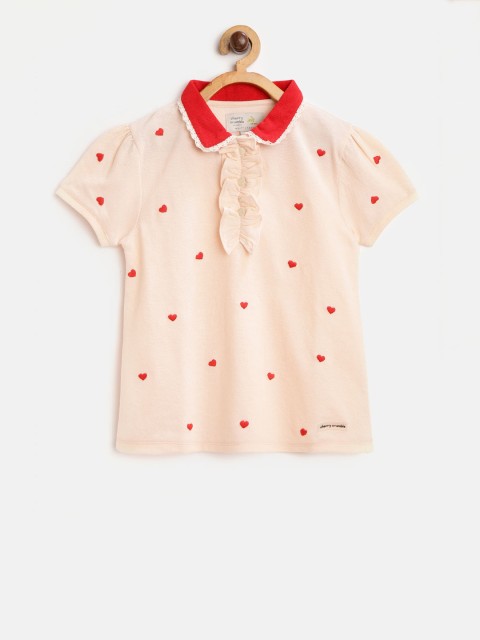 

Cherry Crumble Girls Peach-Coloured Mini Heart Printed Polo Collar T-shirt