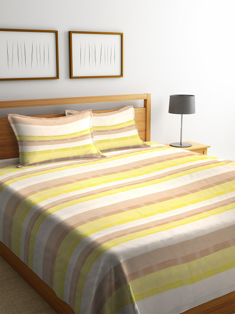 

NEUDIS By Dhrohar Lime Green & Off-White Striped Hand Woven Pintuck Double Bed Cover With 2 Pillow Covers
