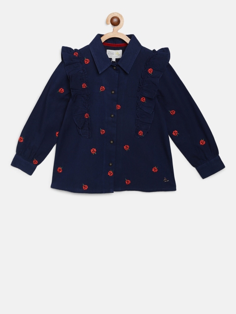 

Cherry Crumble Girls Navy Blue Embroidered Shirt Style Top