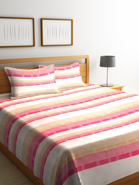 

NEUDIS By Dhrohar Pink & Off-White Striped Hand Woven Pintuck Double Bed Cover With 2 Pillow Covers