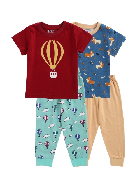 

BUMZEE Kids Pack of 2 Blue & Maroon Printed T-shirt with Pyjamas