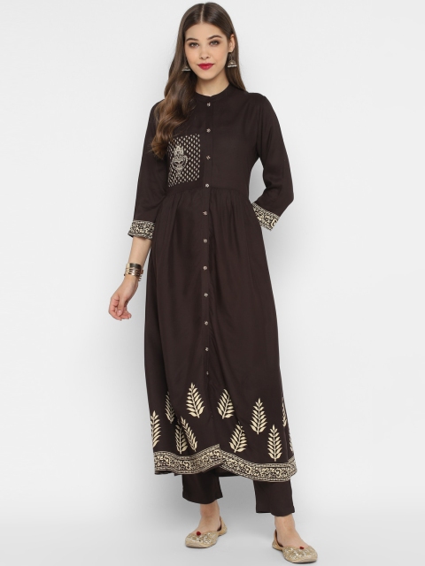 

CHRISTEENA Women Coffee Brown & White Printed Kurta with Trousers