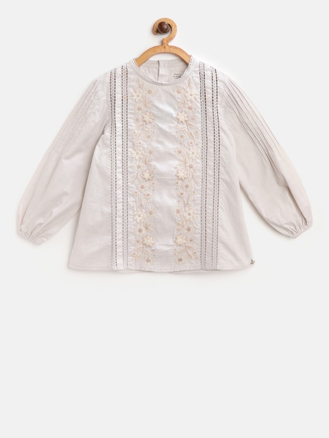 

Cherry Crumble Girls Beige Embroidered Top