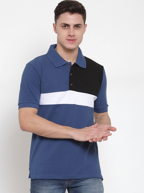 

Kalt Men Blue & White Colourblocked Polo Collar T-shirt