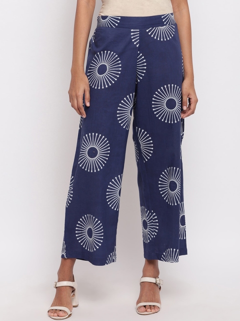 

FABNEST Women Blue & White Relaxed Straight Leg Regular Fit Printed Parallel Trousers