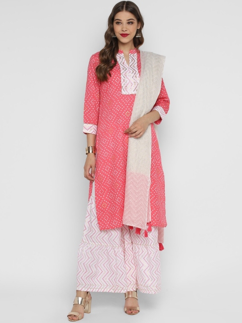 

CHRISTEENA Women Pink & White Bandhani Printed Kurta with Palazzos & Dupatta