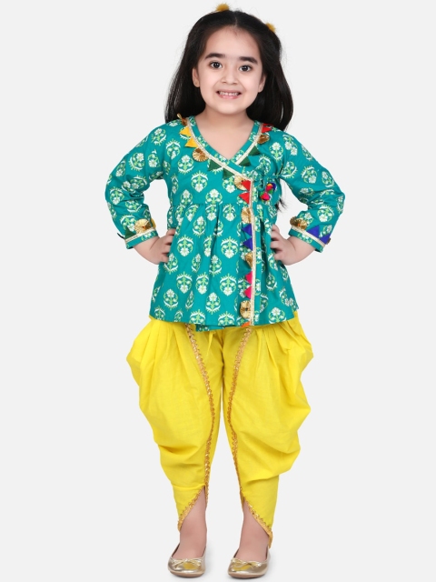 BownBee Girls Green & Yellow Printed Kurti with Dhoti Pants