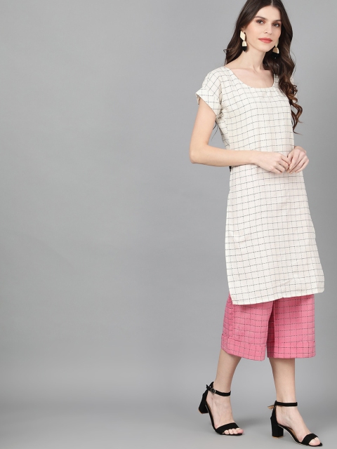 

AKS Women White & Pink Woven Design Kurta with Palazzos