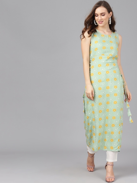 

AKS Women Green & Yellow Printed Straight Kurta