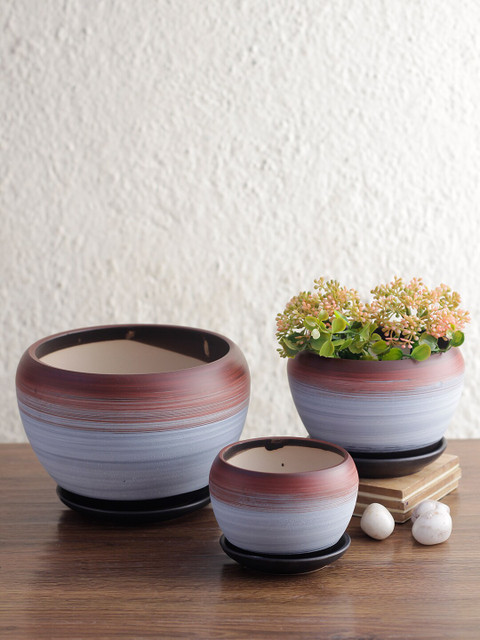 

Aapno Rajasthan 3 Pcs Blue & Brown Handpainted Ceramic Planters