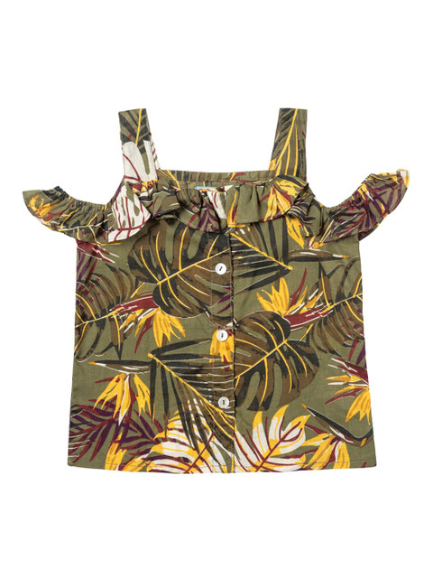 

Kid Studio Girls Olive Green & Yellow Tropical Printed Shirt Style Pure Cotton Top