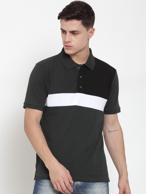 

Kalt Men Green Colourblocked & White Polo Collar T-shirt