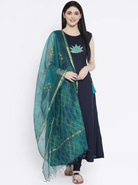 

studio rasa Women Navy Blue & Green Self Design Kurta with Churidar & Dupatta